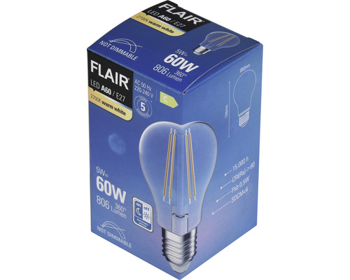 Verpakking van een Flair ledlamp A60 E27, 5 watt, 2700 kelvin, warm wit, niet dimbaar