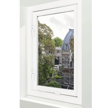 Raam met uitzicht op een stadsbeeld