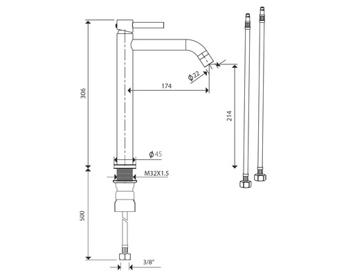 Technische tekening van een kraan met maatvoering