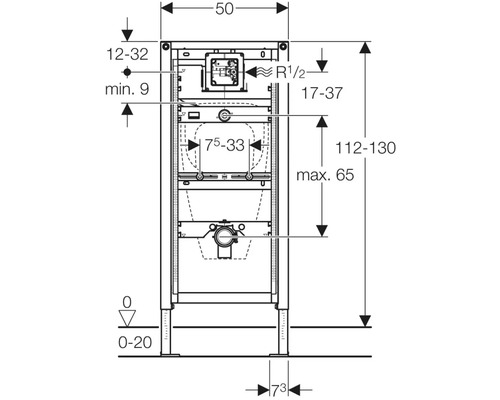 Technische tekening van een inbouwreservoir met afmetingen