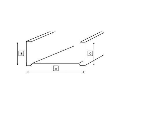 Schema van een metalen rail met de afmetingen A, B en C.