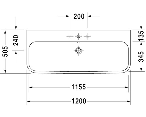 Technische tekening van een wastafel met afmetingen.