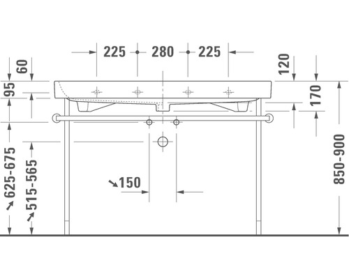Technische tekening van een wastafelmeubel met maatvoering