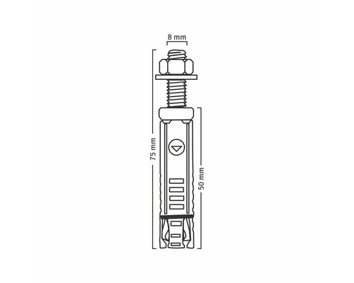 Afbeelding van een plugtekening met de afmetingen 75 mm en 50 mm, en 8 mm voor de schroef