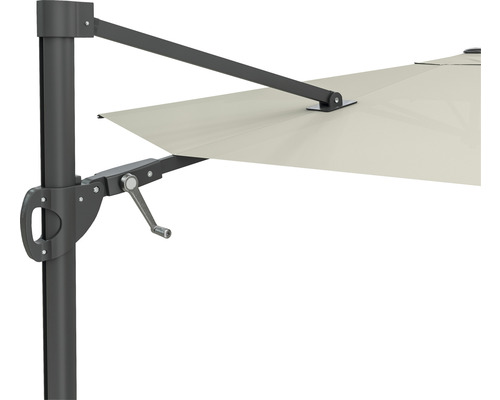 Gedetailleerde weergave van een parasol met mechanisme voor het instellen van de hellingshoek