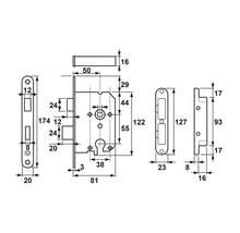 Technische tekening van een insteekslot met maatvoering