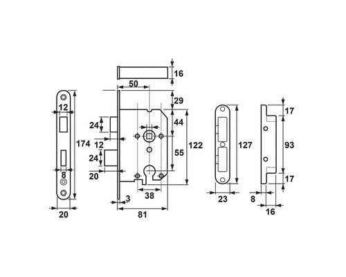 Technische tekening van een insteekslot met maatvoering
