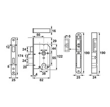 Technische tekening van een insteekslot met afmetingen