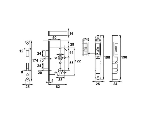 Technische tekening van een insteekslot met afmetingen