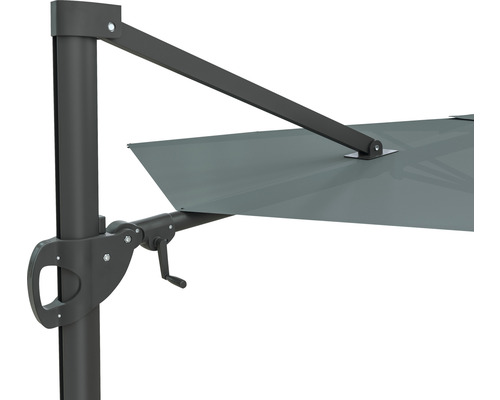 Detail van een grijze zweefparasol met slinger mechanisme