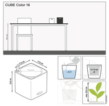 Afbeelding van een Lechuza Cube Color 16 plantenbak met afmetingen en instructies voor beplanting