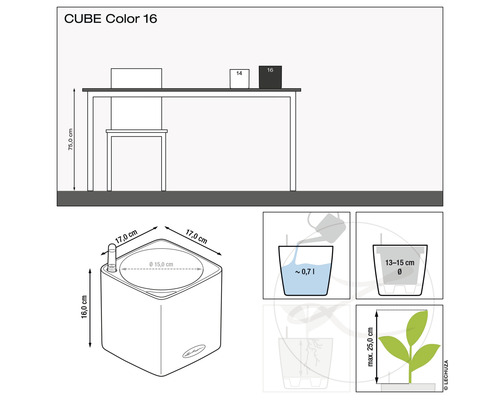 Afbeelding van een Lechuza Cube Color 16 plantenbak met afmetingen en instructies voor beplanting