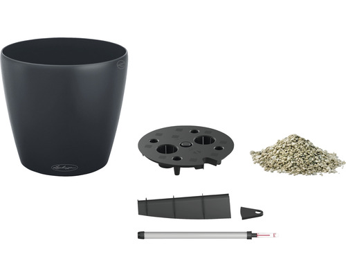 Componenten van een bloempot met irrigatiesysteem, bestaande uit pot, inzetstuk, substraat, waterniveau-indicator en vulschacht