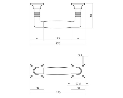 Technische tekening van een deurklink met afmetingen