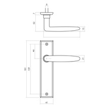 Technische tekening van een deurklinkstel met afmetingen.