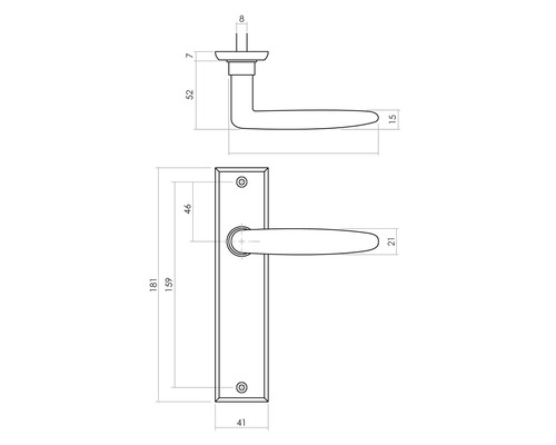 Technische tekening van een deurklinkstel met afmetingen.