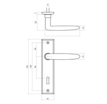 Technische tekening van een langschild deurklink met maatvoering