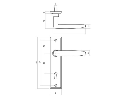 Technische tekening van een langschild deurklink met maatvoering