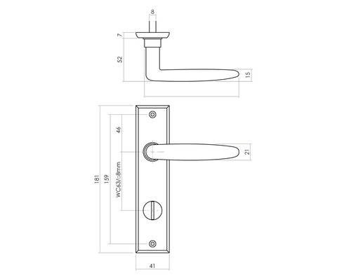 Technische tekening van een deurklink met afmetingen