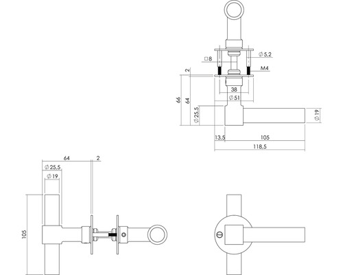 Technische tekening van een deurklink met afmetingen