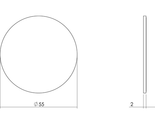 Technische tekening van een cirkel met een diameter van 55 millimeter en een dikte van 2 millimeter