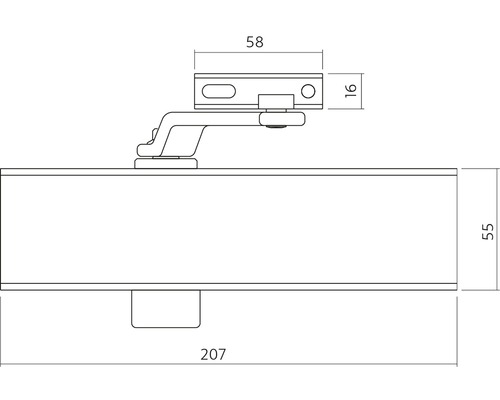Technische tekening van een deurdranger met afmetingen