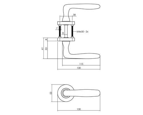 Technische tekening van een deurklink met afmetingen