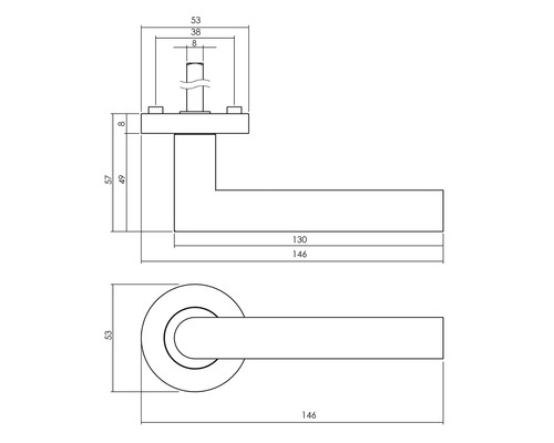 Technische tekening van een deurklink met afmetingen