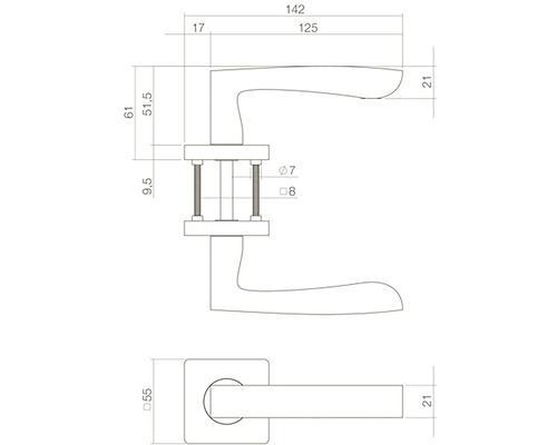 Technische tekening van een deurklink met afmetingen