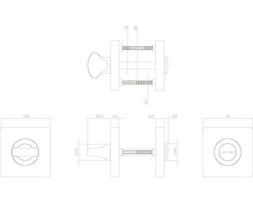 Technische tekening van een deurklink met afmetingen