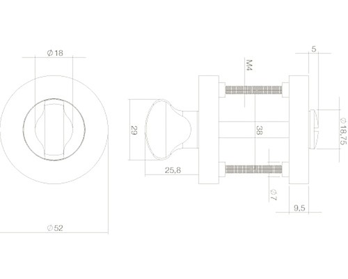 Technische tekening van een deurknop met afmetingen
