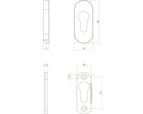 Technische tekening van een deurbeslag met afmetingen