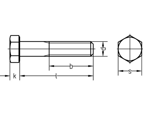 Technische tekening van een zeskantbout met afmetingen