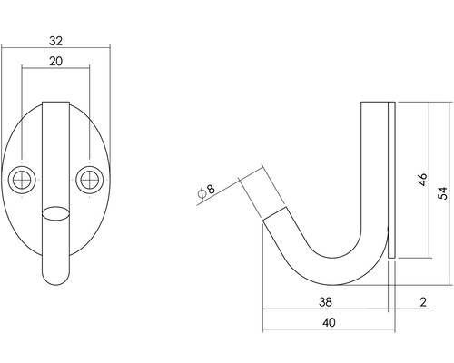 Technische tekening van een kapstokhaak met maatvoering