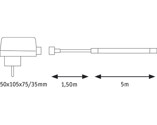 Tekening van een stroomvoorziening met een kabellengte van 5 meter en een toevoerleiding van 1,5 meter en de afmetingen 50x105x75/35 millimeter.