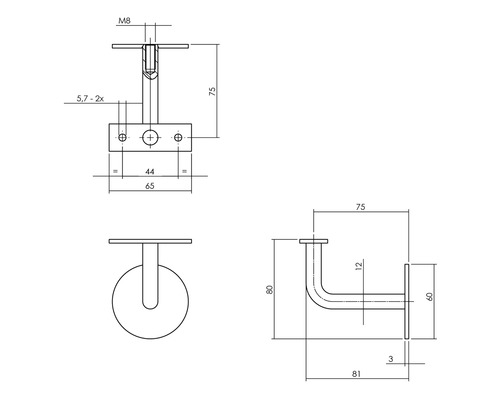 Technische tekening van een leuningdrager met afmetingen