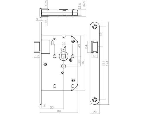 Technische tekening van een insteekslot met afmetingen
