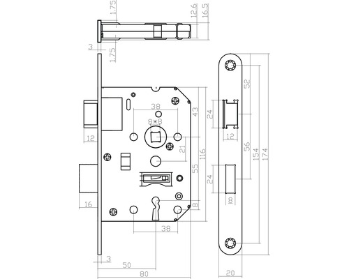 Technische tekening van een insteekslot met afmetingen