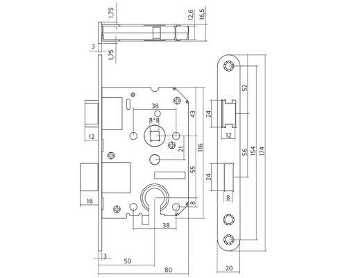 Technische tekening van een insteekslot met afmetingen