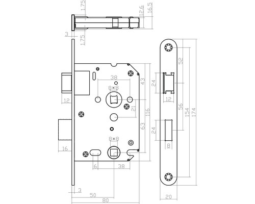 Technische tekening van een insteekslot met afmetingen
