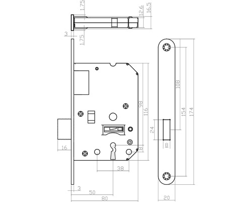 Technische tekening van een insteekslot met afmetingen.