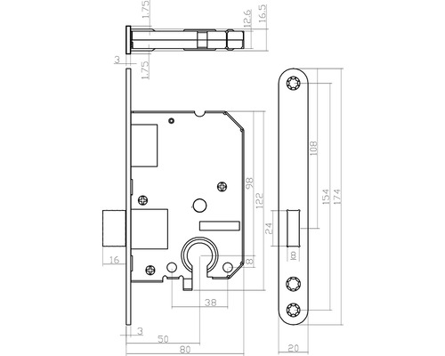 Technische tekening van een insteekslot met maataanduidingen