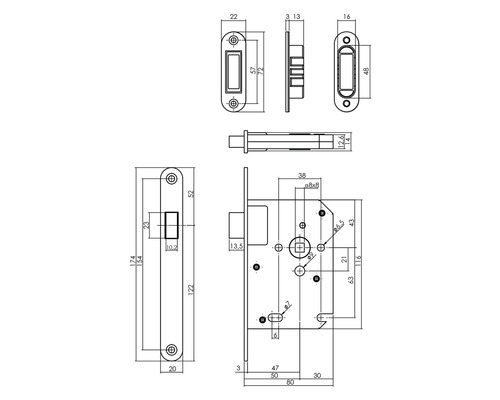 Technische tekening van een insteekslot met afmetingen