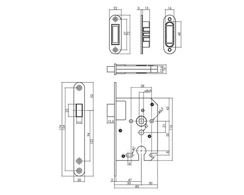 Technische tekening van een insteekslot met afmetingen