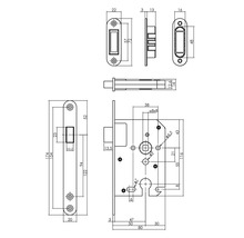 Technische tekening van een deurslot met afmetingen