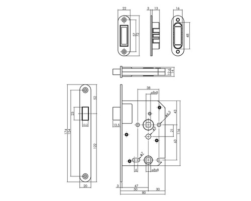 Technische tekening van een deurvergrendeling met afmetingen
