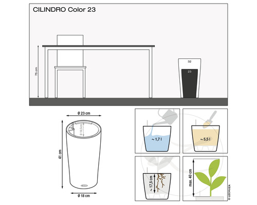 Schets van een Cilindro Color 23 plantenbak met afmetingen en vulhoeveelheden