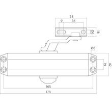 Technische tekening van een deursluiter met maatvoering.