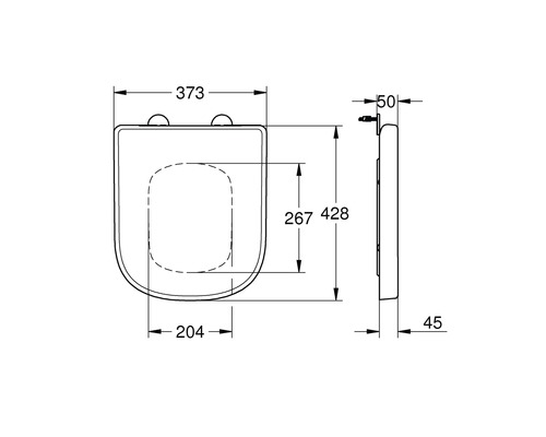 Technische tekening van een toiletbril met afmetingen