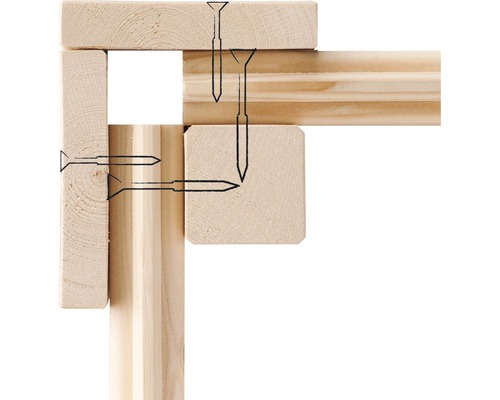 Illustratie van een houten constructie bevestigd met schroeven.